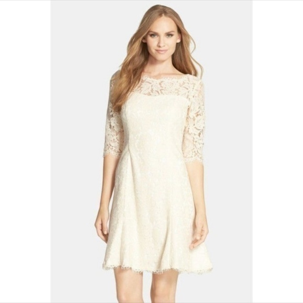 Eliza J Cream Lace Overlay 3/4 Sleeves Sweetheart Special Event Dress Size 2